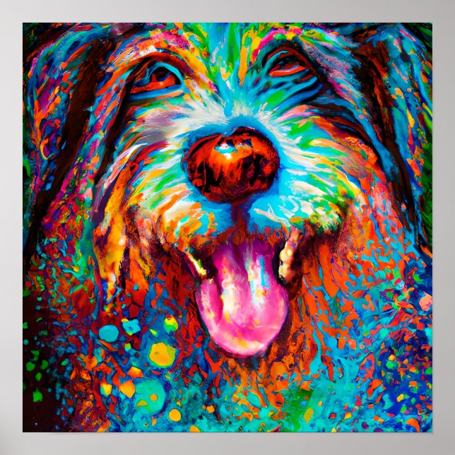 Crazy Happy Bearded Collie Dog Kunstvoll wandern Poster (Vorne)