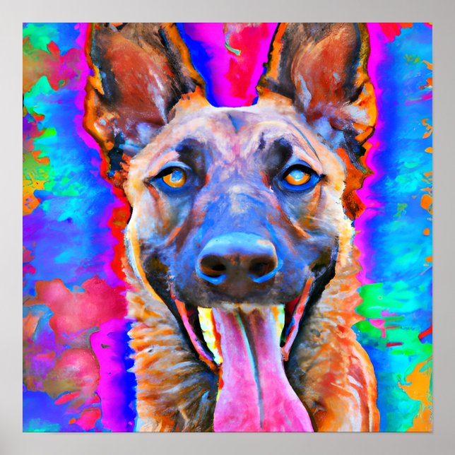 Crazy Happy Belgium Malinois Dog Art Portrait Poster (Vorne)