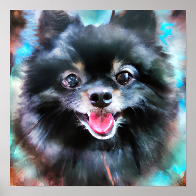 Crazy Happy Black Spitz Dog Portrait Art Poster (Vorne)
