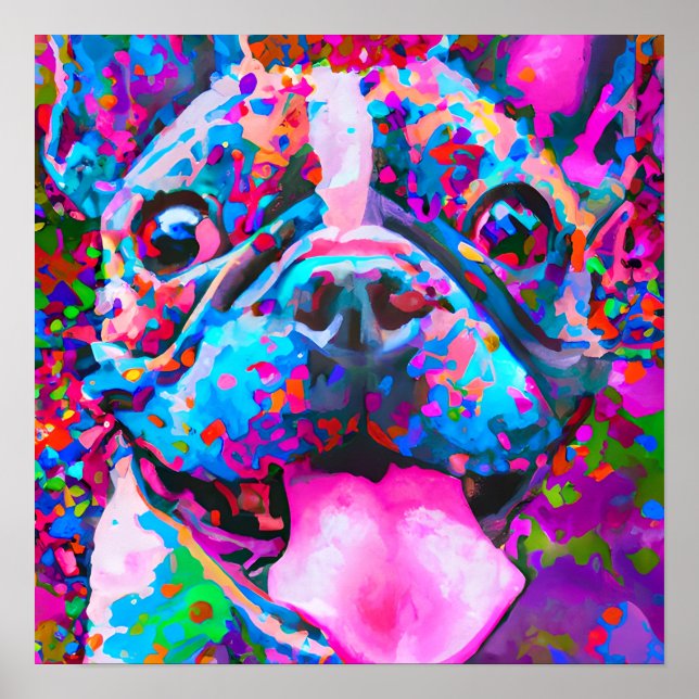Crazy Happy French Bulldog Dog Art Portrait Poster (Vorne)