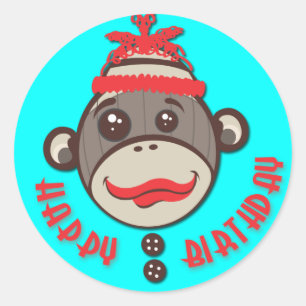 Crazy hat Sock Monkey Happy Birthday Stickers