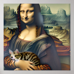 Crazy Mona Lisa mit Kitty Cat Portrait Art Poster