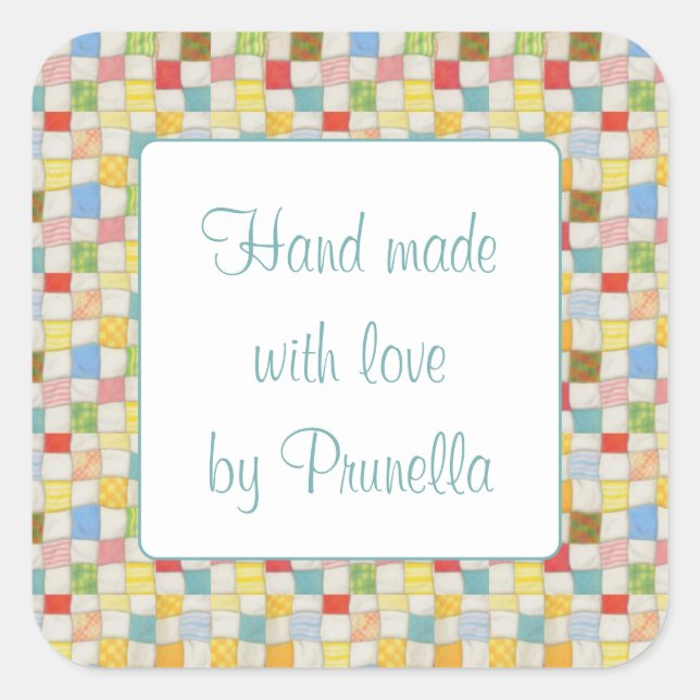 CRAZY QUILT 3" Quadrat Aufkleber "Handgefertigt" (Vorderseite)