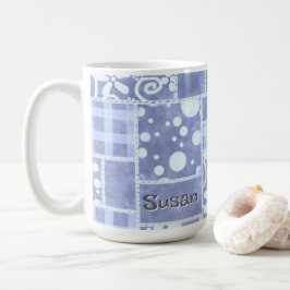 Crazy Quilt Blau Gingham Blumen Personalisiert  Kaffeetasse