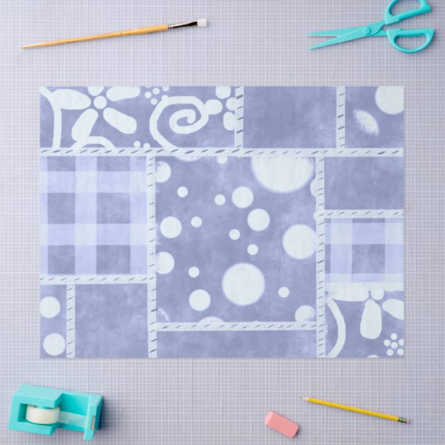 Crazy Quilt Blue Gingham Floral Muster Decoupage Seidenpapier (Basteln)