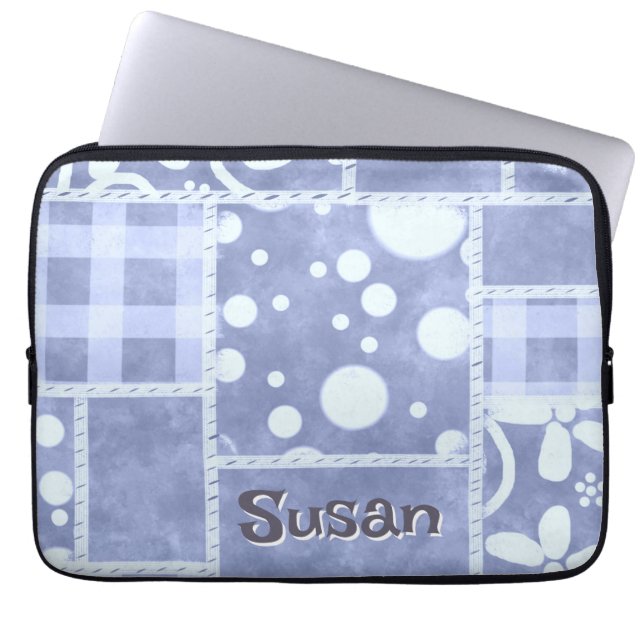 Crazy Quilt Blue Gingham Floral Personalized  Laptopschutzhülle (Vorderseite)