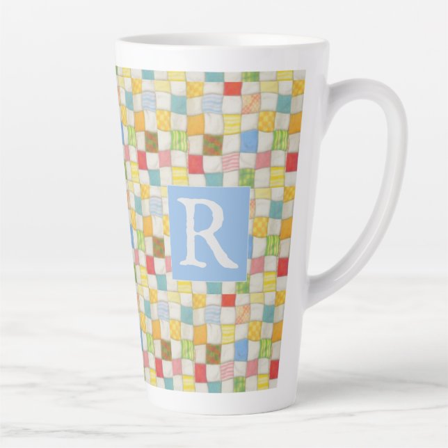 CRAZY QUILT groß Latte Tasse + Text / Blau (Rechts)