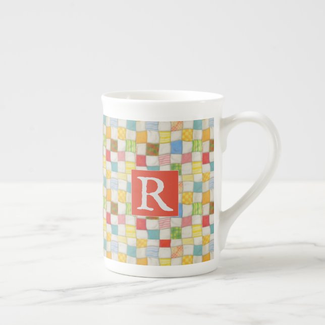 CRAZY QUILT Knochen China Tasse + Text / Rot (Rechts)