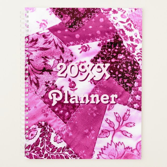 Crazy Quilt Muster Rosa Weiße Blüte Planer (Vorderseite)