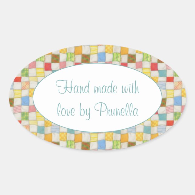 CRAZY QUILT Oval "Hand Made Stickers" Ovaler Aufkleber (Vorderseite)