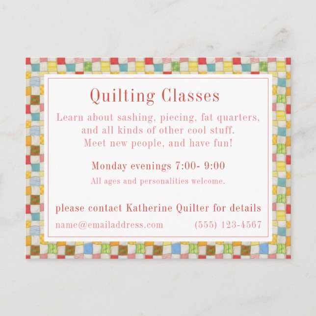 CRAZY QUILT "Quilting Classes" Postkarte / Geschäf (Vorderseite)