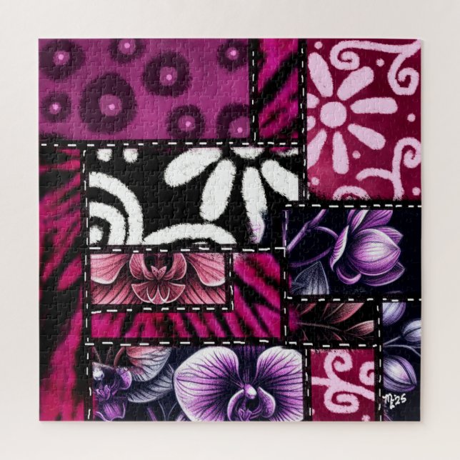 Crazy Quilt Schwarz Kirsche Blumenmuster  Puzzle (Vertikal)