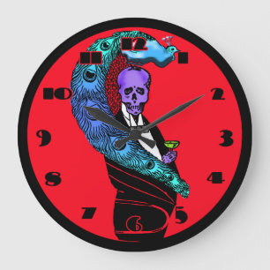 Crazy Skull und Peacock Red Clock Große Wanduhr