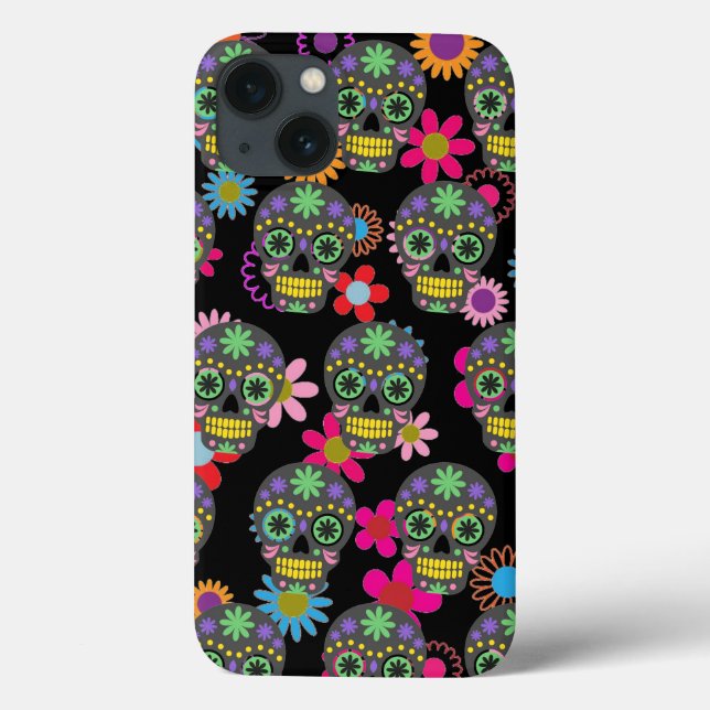 Crazy Sugar Skull und Blume auf schwarzem Muster Case-Mate iPhone Hülle (Rückseite)