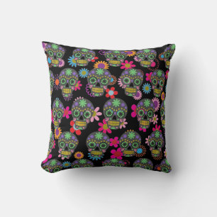 Crazy Sugar Skull und Blume Black Kissen