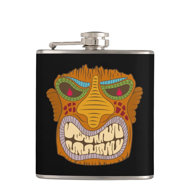 Crazy Tiki Head mit Flammen in den Augen, schwarz Flachmann (Vorderseite)