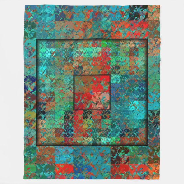 Crazy Turquoise und Red Squares and Squiggles Fleecedecke (Vorderseite)