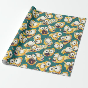 Crazy Yellow Monster Teal Halloween Geschenkpapier