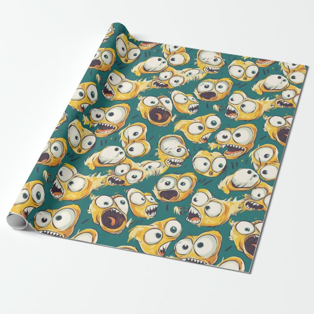 Crazy Yellow Monster Teal Halloween Geschenkpapier (Ungerollt)