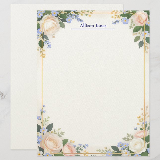 Cream and Blue Floral with Gold Frame Stationery Briefbogen (Vorne/Hinten)