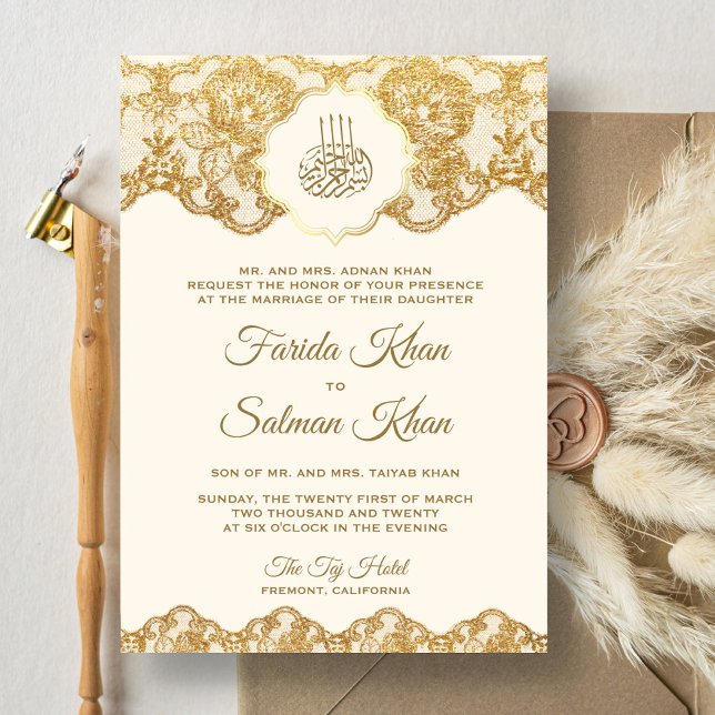 Cream and Gold Foil Lace Islamische Hochzeit Einladung (Von Creator hochgeladen)