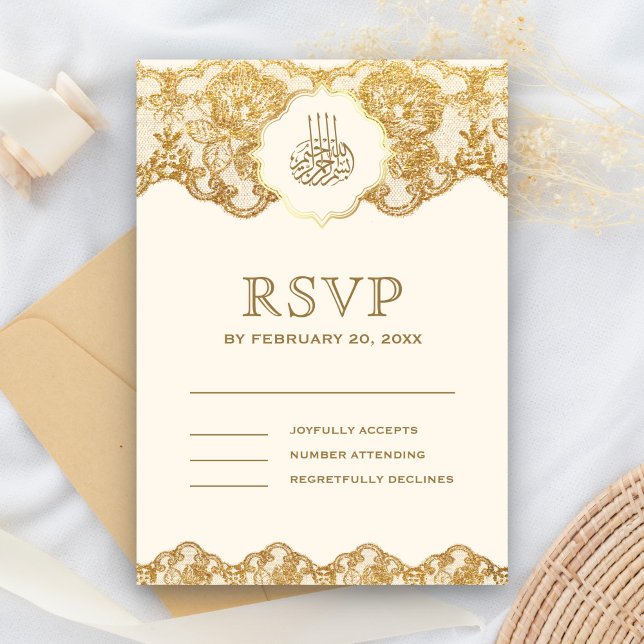 Cream and Gold Foil Lace Islamische Hochzeit RSVP Karte (Von Creator hochgeladen)