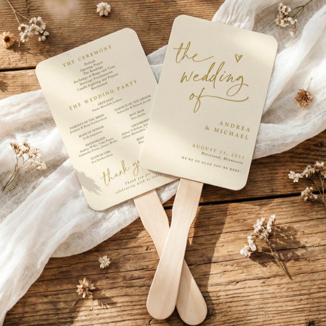 Cream and Gold Fun Wedding Program Fans Fächer (Gold and ivory wedding program fan in modern handwriting with heart.)