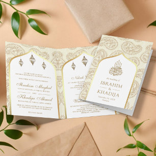 Cream and Gold Paisley QR Code Muslim Wedding Einladung