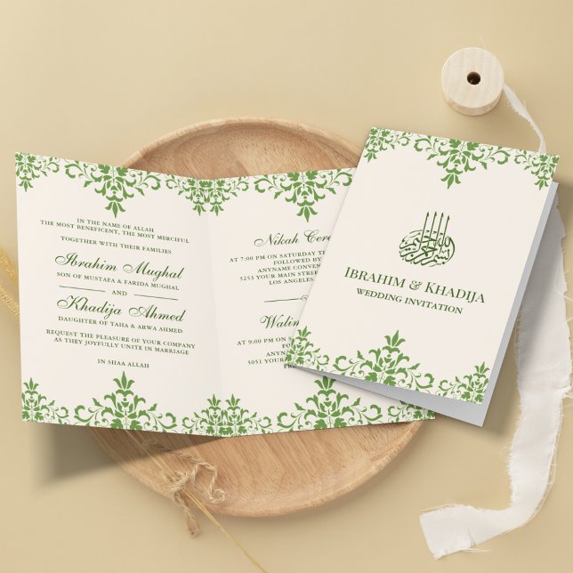 Cream and Green Damask Islamische Hochzeit Einladung (Von Creator hochgeladen)