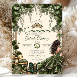 Cream and Green Golden Tiara Floral  Quinceañera Einladung