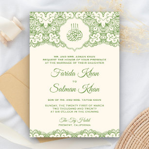 Cream and Green Lace Islamische Hochzeit Einladung