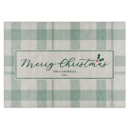 Cream and Green Plaid Merry Christmas Script Schneidebrett