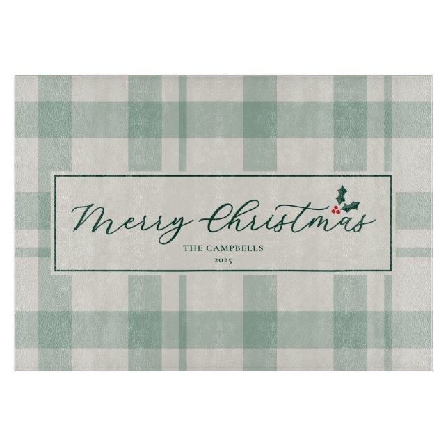Cream and Green Plaid Merry Christmas Script Schneidebrett (Vorderseite)