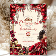 Cream and Red Golden Tiara Floral Quinceañera