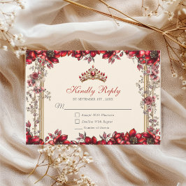 Cream and Red Golden Tiara Floral Quinceañera RSVP Karte