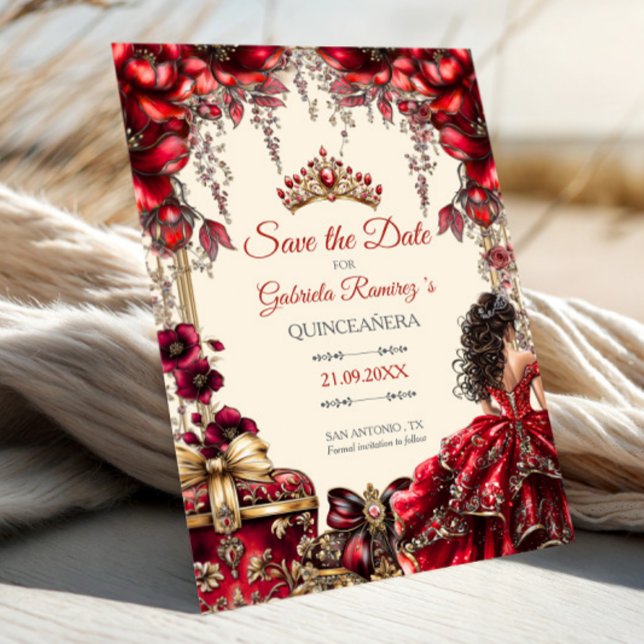 Cream and Red Golden Tiara Floral Quinceañera Save The Date (Von Creator hochgeladen)