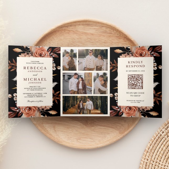 Cream and Terracotta Floral QR Code Black Wedding Dreifach Gefaltete Einladung (Von Creator hochgeladen)