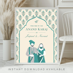 Cream Aquamarin Anand Karaj Sikh Wedding Begrüßung Poster