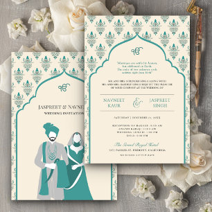Cream Aquamarin Punjabi Anand Karaj Sikh Wedding Einladung