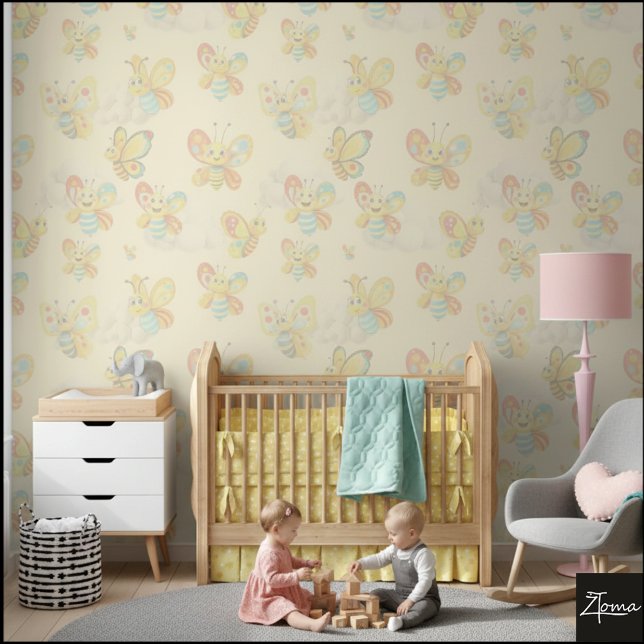Cream Background Cute Cartoon Butterfly Pattern Tapete (Von Creator hochgeladen)