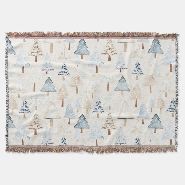 Cream Beige Blue Christmas Trees Decke (Vorderseite)