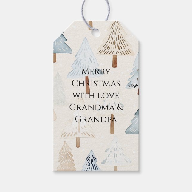 Cream Beige Blue Christmas Trees Geschenkanhänger (Vorderseite)
