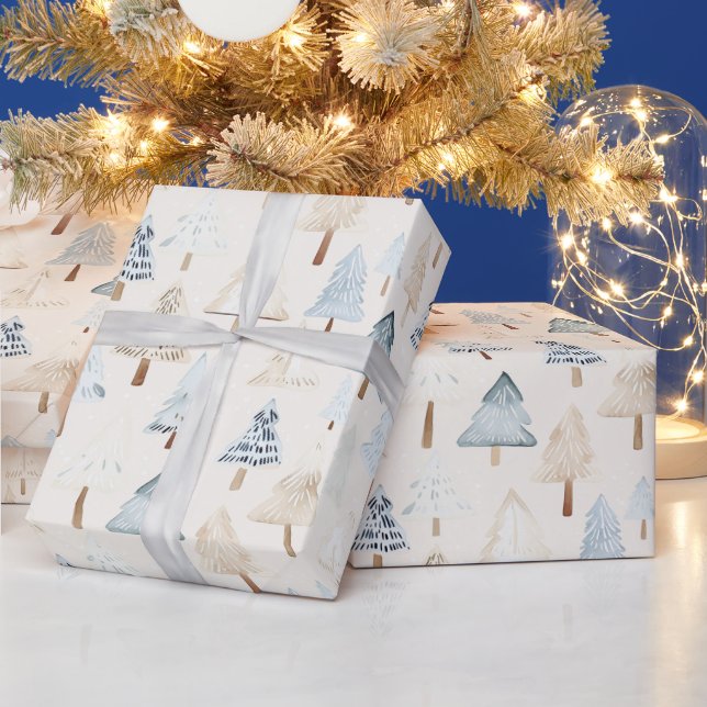 Cream Beige Blue Christmas Trees Geschenkpapier (Feiertage)