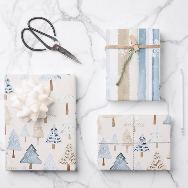 Cream Beige Blue Christmas Trees Geschenkpapier Set (Vorderseite)