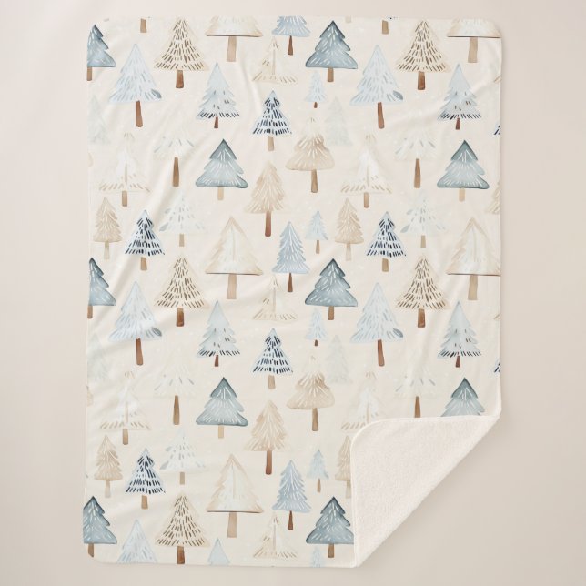 Cream Beige Blue Christmas Trees Sherpadecke (Vorderseite)