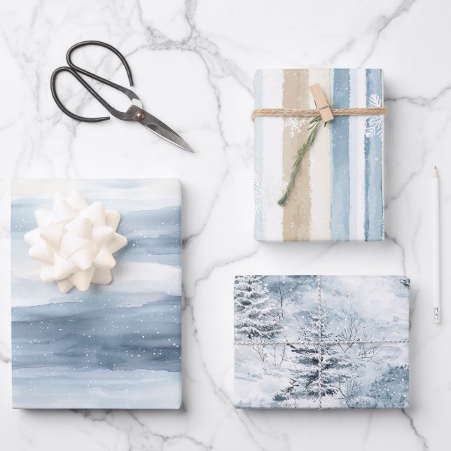 Cream Beige Blue Christmas Trees Winter   Geschenkpapier Set (Vorderseite)