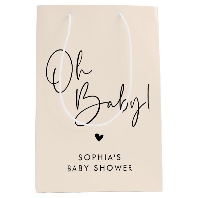 Cream Beige Oh Baby Modern Boho Babydusche Mittlere Geschenktüte (Vorderseite)