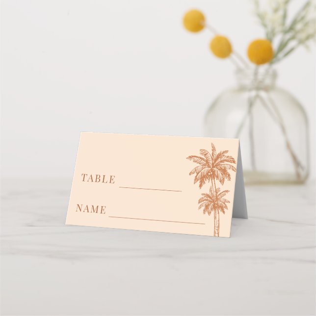 Cream Beige Palm Tree Boho Beach Wedding Table Platzkarte (Vorderseite)