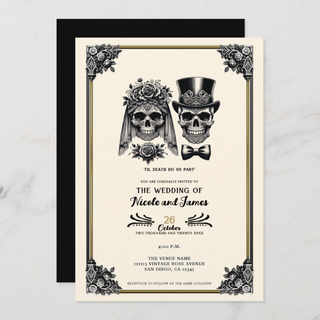 Cream Black & Gold Vintag Skelettheirat Einladung (Vorne/Hinten)