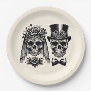 Cream Black & Gold Vintage-Skelett-Hochzeit  Pappteller